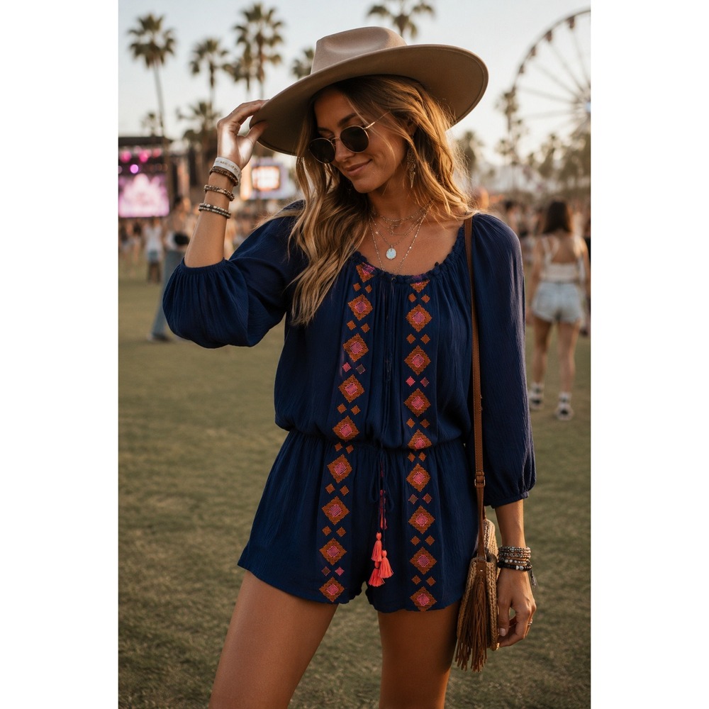 Japna Navy Blue Embroidered Boho Romper Tassel Drawstring Medium